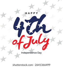 4th of July USA Independence Day icon label banner greeting card. Handwritten typography calligraphy letering with stars on white background