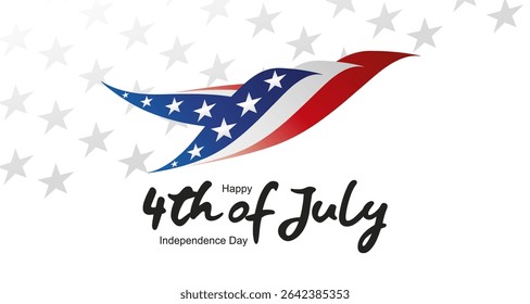 4th of July USA Independence Day greeting card. Handwritten USA color shaped abstract bird eagle symbol black typography calligraphy lettering with stars on white background