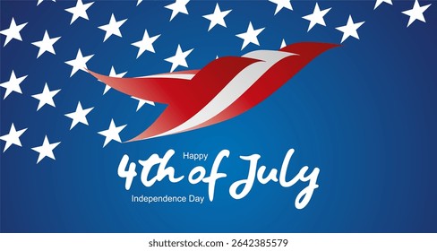 4th of July USA Independence Day greeting card. Handwritten USA color shaped abstract bird eagle symbol white typography calligraphy lettering with stars on blue background
