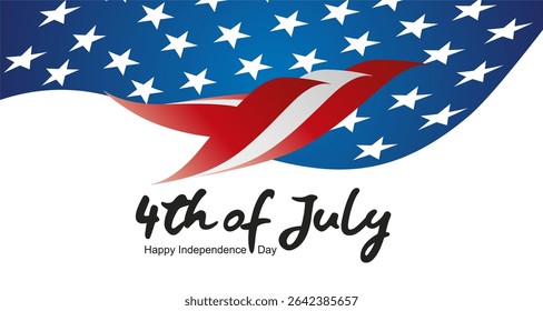 4th of July USA Independence Day greeting card. Handwritten USA color shaped abstract bird eagle symbol typography calligraphy lettering with stars on blue white background