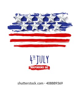 4th of July, USA Independence Day. Vector watercolor background with 3d paper stars. Watercolor USA flag, isolated on white background. Design for greeting card, holiday banner, flyer, poster. 