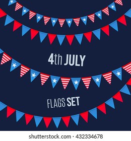 4th July USA Independence day vector triangular flags ropes set on dark background