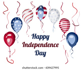 4th of July, USA Independence Day. Festival balloons with american flag elements. Happy Independence Day text. America national celebration vector design.