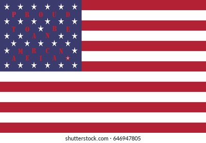 4th of July USA Independence Day celebration pattern vector background design with quote Proud to be an American on flag white stars on dark blue backdrop white and red stripes all in original colors