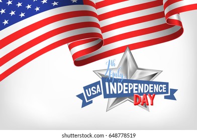 4th july USA independence day banner with american flag and hand lettering, greeting card design, vector illustration