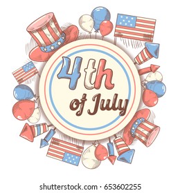 4th of July USA Independence Day Hand Drawn Design. National American Holiday. Vector illustration