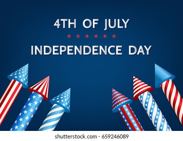 4th of July,  USA    Independence  Day background  with pyrotechnic  firework  rockets  in  American  national  flag  colors. Vector  template  for  sale banner, ad,  flyer, party invitation  design.