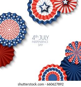 4th of July, USA Independence Day. Vector paper stars in USA flag colors. Abstract white background with place for text. Material design concept for greeting card, banner layout, flyer, poster.