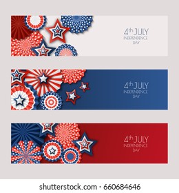 4th of July, USA Independence Day vector banners with paper stars in USA flag colors. Holiday backgrounds set with place for text. Material design for greeting card, banner layout, flyer, poster.