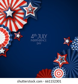 4th of July, USA Independence Day. Vector paper stars in USA flag colors. Blue background with place for text. Material design concept for greeting card, banner layout, flyer, poster.