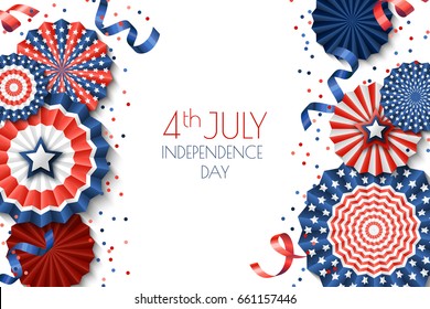 4th of July, USA Independence Day vector banner template.. White background with paper stars in USA flag colors. Material design for greeting card, flyer layout, poster.