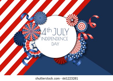 4th of July, USA Independence Day vector banner template.. Color background with paper stars in USA flag colors. Material design for greeting card, flyer layout, poster.