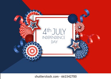 4th of July, USA Independence Day vector banner template.. Color background with paper stars in USA flag colors. Material design for greeting card, flyer layout, poster.