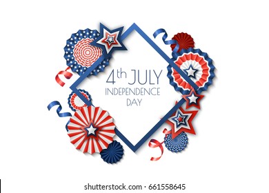 4th of July, USA Independence Day. Vector holiday frame isolated on white background. Paper stars in USA flag colors. Material design for greeting card, flyer, banner, poster.
