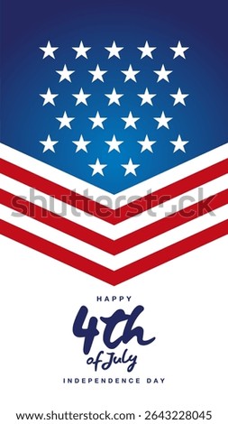 4th of July USA Independence Day Social Media banner poster. Handwritten USA color shaped abstract flag arrow symbol typography calligraphy lettering with stars on blue white background