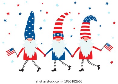 4th of July. USA patriotic gnomes in colors of American flag, with stars and stripes. Cute garden gnome for celebration Independence, Memorial, Presidents day. National Freedom holiday symbol.