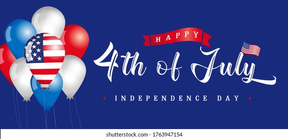 4th of July USA vintage lettering for greeting card with balloons or sale banner. Fourth of July Happy Independence Day of United States of America calligraphic blue background