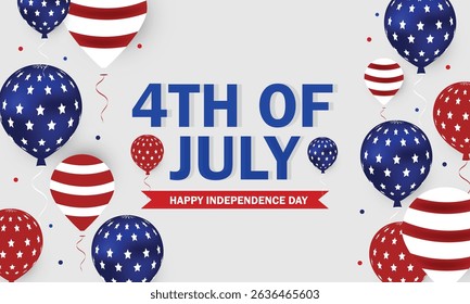 4th Of July USA Web Banner. Fourth July Background. Fourth July Independence Day Celebration with American Balloons and Star Flag