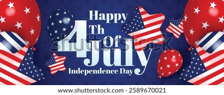 4th Of July USA Web Banner. Fourth July Background. Fourth July Independence Day Celebration With American Balloons and Star Flag. United States 4th Of July Promotion Advertising Template