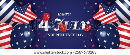 4th Of July USA Web Banner. Fourth July Background. Fourth July Independence Day Celebration With American Balloons and Star Flag. United States 4th Of July Promotion Advertising Template