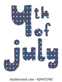 4th of July. Vector American Independence Day hand drawn blue lettering with stars and stripes pattern, isolated over white background.