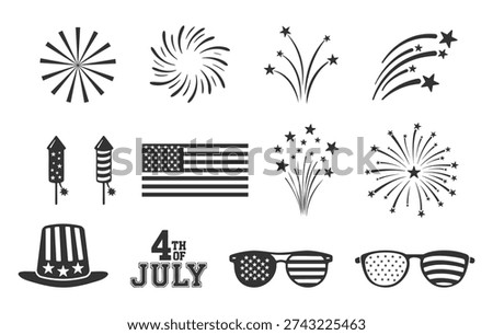 4th of July Vector Bundle, 4th of July Silhouette, Fireworks Clipart, Fireworks Vector, 4th of July Sunglass, Flag, Firework, Rocket Silhouette. 
