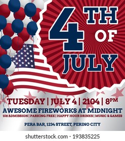 4th of July Vector Design template, inspired with US independence day theme, ballons, and red, white and blue combinations. Flyer is fully layered, and easy to edit.