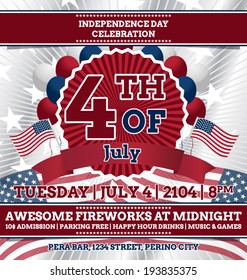 4th of July Vector Design template, inspired with US independence day theme, ballons, and red, white and blue combinations. Flyer is fully layered, and easy to edit.