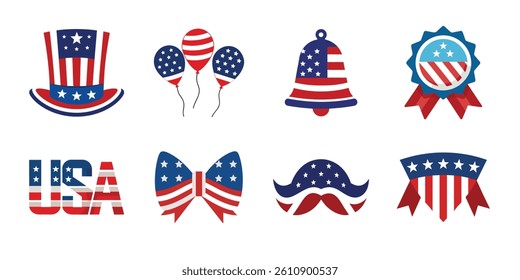 4th of July vector elements set. Collection of American Independence Day vector illustration on white background