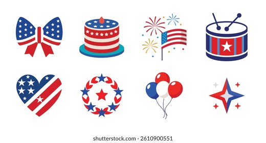 4th of July vector elements set. Collection of American Independence Day vector illustration on white background