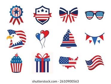 4th of July vector elements set. Collection of American Independence Day vector illustration on white background