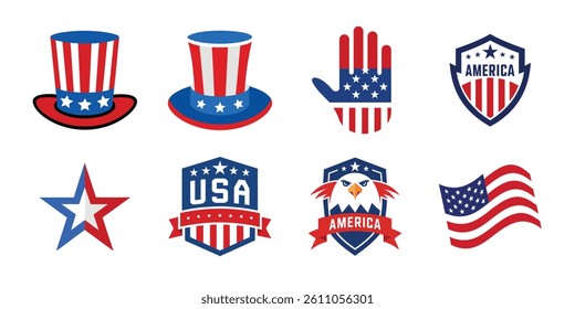 4th of July vector elements set. Collection of American Independence Day vector illustration on white background