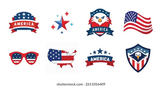 4th of July vector elements set. Collection of American Independence Day vector illustration on white background