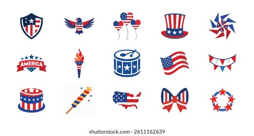 4th of July vector elements set. Collection of American Independence Day vector illustration on white background