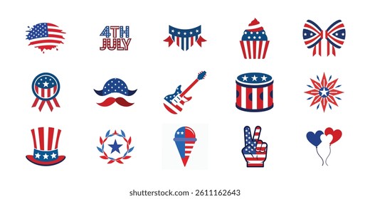4th of July vector elements set. Collection of American Independence Day vector illustration on white background