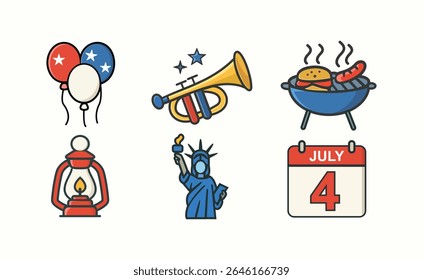4th of July vector icon set with Liberty statue, balloons, BBQ grill, calendar, trumpet, and hat in American red white blue theme