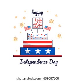 4th of July. Vector illustration of Independence Day. Card with cake