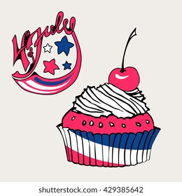 4th of July vector lettering with cupcake