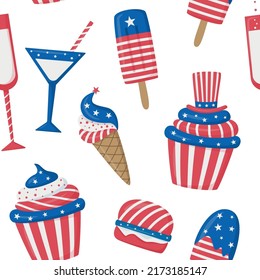 4th of July vector seamless pattern with sweets, ice-cream, hamburger and wineglasses. Isolated on white background. Independence Day background. For digital paper, greeting cards, web design.