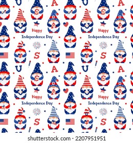 4th of July. Vector seamless pattern with patriotic gnomes holding firecracker, American flags and letters USA. Festive characters for wrapping paper, scrapbooking, wallpapers on white background.