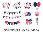 4th of July Vector Set, Firework, Rocket, Bow, Banner Vectors, Independence Day Vectors, Patriotic Usa Decoration Vectors, 4th of July Elements Vectors. 