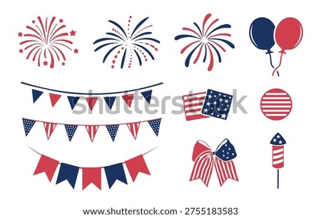 4th of July Vector Set, Firework, Rocket, Bow, Banner Vectors, Independence Day Vectors, Patriotic Usa Decoration Vectors, 4th of July Elements Vectors. 
