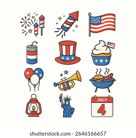 4th of July vector set with liberty statue, flag, grill, trumpet, fireworks, and more for festive American designs