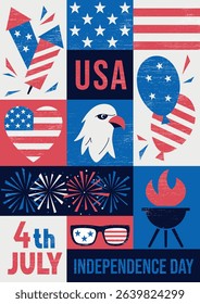 4th of July vertical geometric poster in retro style with symbols of USA Independence day. Vector illustration in white, red, blue colors with fireworks, balloons, and United States flag