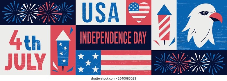 4th of July vertical geometric poster in retro style with symbols of USA Independence day. Vector illustration in white, red, blue colors with fireworks, balloons, and United States flag
