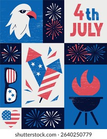 4th of July vertical geometric poster in retro style with symbols of USA Independence day. Vector illustration in white, red, blue colors with fireworks, balloons, and United States flag