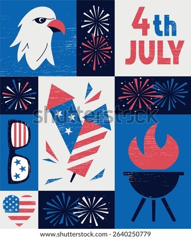 4th of July vertical geometric poster in retro style with symbols of USA Independence day. Vector illustration in white, red, blue colors with fireworks, balloons, and United States flag