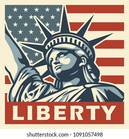 4th of july vintage poster with statue of liberty. Vector illustration