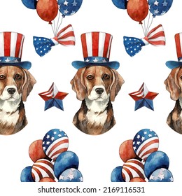 4th July Watercolor vector seamless pattern. Background with Independence Day attributes. Independence day pattern.