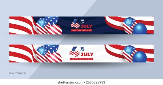 4th of July web banner with USA flag and balloon | United States Independence Day banner | Happy Fourth of July